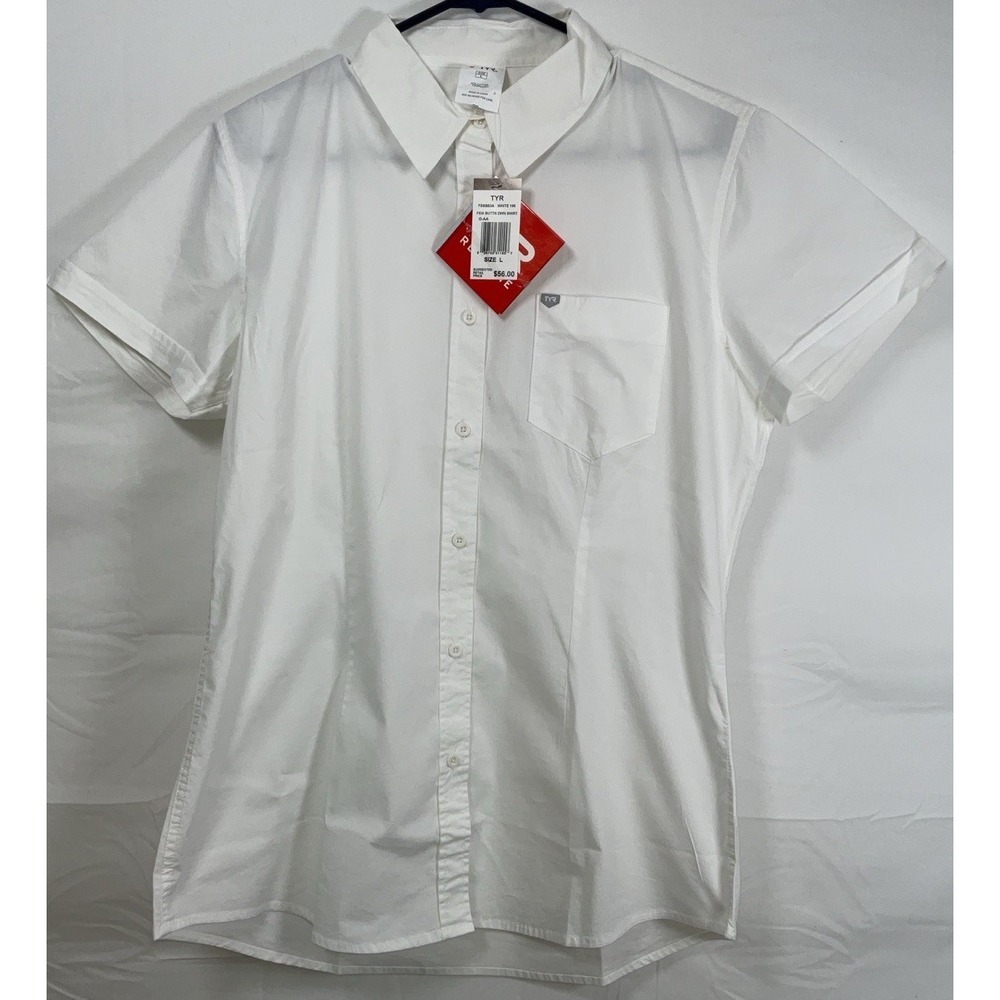 NWT Women's TYR Red Line Button Front Collared Shirt - White - Large‎
